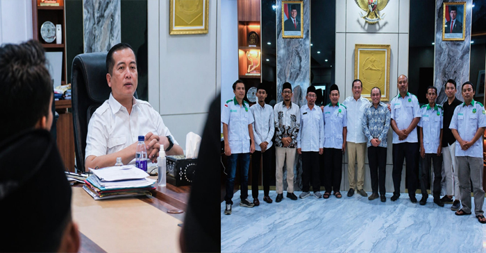Gubernur NTB, Lalu Muhamad Iqbal saat menerima audiensi Pemuda NTB, di ruang kerjanya, Kamis (30/4/2026)-(foto kiri), dan suasana pose bersama usai audiensi (foto kanan).