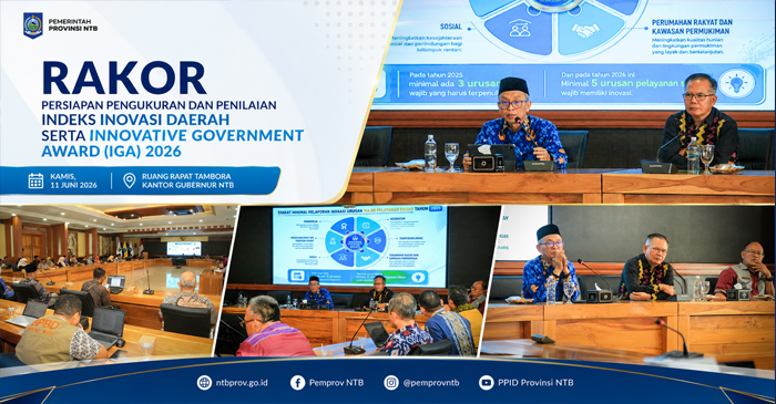 Sekda NTB, Abul Chair, saat membuka Rakor Persiapan Pengukuran dan Penilaian Indeks Inovasi Daerah serta IGA 2026, di Ruang Rapat Tambora, Kantor Gubernur NTB, Kamis (11/6/2026).