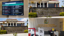 Galeri foto Kantor PN Cikarang, layar monitor jadwal sidang perkara pidana dan perdata di PN Cikarang, dan suasana PTSP Kejari Kabupaten Bekasi.
