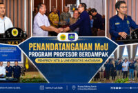 Suasana penandatangan Nota Kesepahaman (MoU) antara Gubernur NTB, Lalu Muhamad Iqbal dengan Rektor Unram, Prof. Sukardi, di Ruang Sidang Senat Unram, Kamis (9/7/2026), untuk memperkuat sinergi dengan dalam mengintegrasikan program Desa Berdaya dengan Profesor Berdampak.