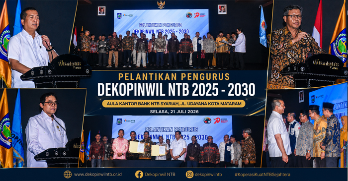 Suasana pelantikan Pengurus Dekopinwil NTB, di Aula Bank NTB Syariah, Jalan Udayana Kota Mataram, pada Selasa (21/7/2026).