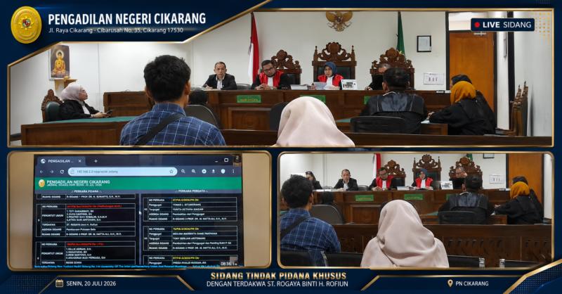 Suasana sidang perkara tindak pidana khusus Nomor 247/Pid.Sus/2026/PN Ckr terhadap terdakwa ST Rogaya binti H. Rofiun dengan agenda pembacaan putusan sela oleh Majelis Hakim PN Cikarang, pada Senin (20/7/2026).