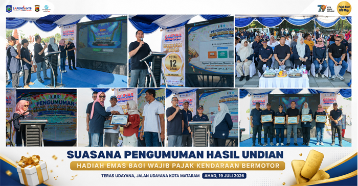 Suasana acara pengumuman hasil undian hadiah emas bagi wajib pajak kendaraan bermotor di Teras Udayana, Jalan Udayana, Kota Mataram, Ahad (19/7/2026).
