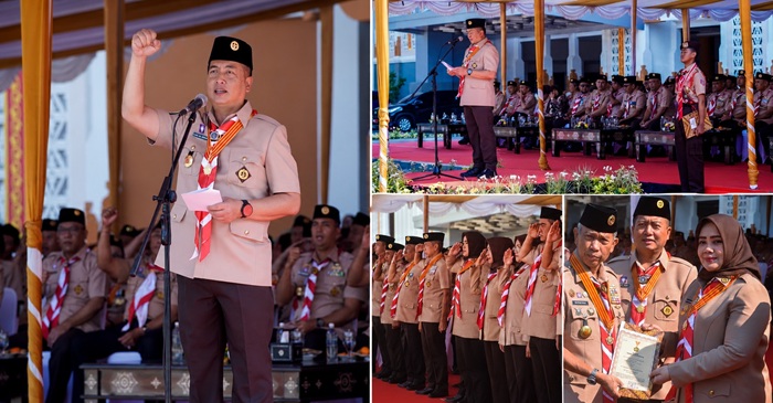 Gubernur NTB, Lalu Muhamad Iqbal saat memimpin Upacara Peringatan Hari Pramuka ke-65 Tingkat Kwarda NTB, di Lapangan Bumi Gora, Kantor Gubernur NTB, Sabtu (29/8/2026).