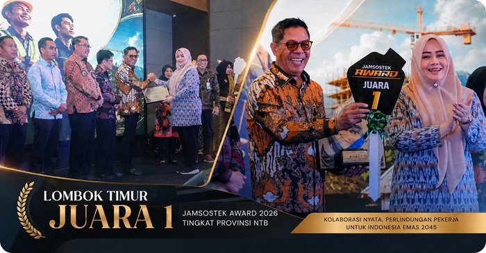 Bupati Lombok Timur, H. Haerul Warisin saat menerima penghargaan Jamsostek Award 2026 Tingkat Provinsi NTB, dalam acara yang berlangsung di Prime Park Hotel, Mataram, Rabu (26/8/2026).