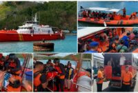 Suasana Tim SAR Gabungan saat mengevakuasi para penumpang dan kru KMP Putri Yasmin yang terbakar di Selat Lombok, pada Rabu (12/8/2026).