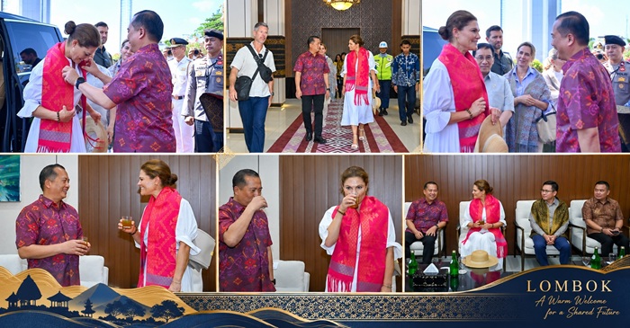 Gubernur NTB, Lalu Muhamad Iqbal saat menyambut kedatangan Putri Mahkota Swedia, Victoria Ingrid Alice Desiree di Bandara Internasional Zainuddin Abdul Madjid (BIZAM) Lombok, Sabtu (5/9/2026).