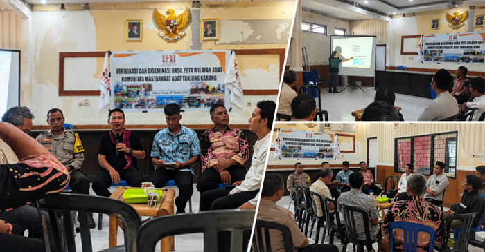 Suasana kegiatan verifikasi dan diseminasi hasil peta wilayah adat Komunitas Masyarakat Adat Tanjung Karang yang diselenggarakan Aliansi Masyarakat Adat Nusantara (AMAN) Mataram, di Aula Kantor Lurah Tanjung Karang, Kamis (22/10/2026).